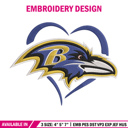 heart baltimore ravens embroidery design, ravens embroidery, nfl embroidery, logo sport embroidery, embroidery design (