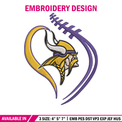 heart minnesota vikings embroidery design, vikings embroidery, nfl embroidery, logo sport embroidery, embroidery design