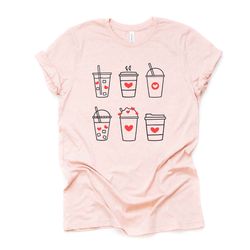 valentines day, fun valentine coffee drinks art, iced coffee design, premium unisex shirt, 3 color choices, 3x valentine