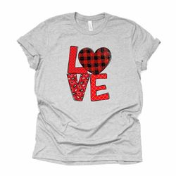 valentines day, love with red plaid heart and bandana print design, premium unisex shirt, 3 color choices, 3x valentine,