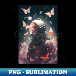 woman astronaut covered with butterflies trippy cosmos surreal science galaxy sci-fi - elegant sublimation png download - create with confidence