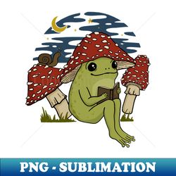 cute frog in mushroom hat reading a book goblincore toad toadstool under starry cottagecore sky - special edition sublimation png file - vibrant and eye-catching typography