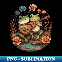 cottagecore aesthetic cute frogs playing ukelele on mushroom - png transparent sublimation file - transform your sublimation creations