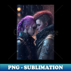 futuristic cyberpunk lesbian lovers embrace in emotional portrait - modern sublimation png file - perfect for personalization