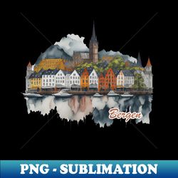 bergen city - bryggen watercolor landscape - retro png sublimation digital download