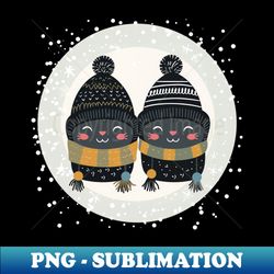 vector illustration - christmas scene with two cute and funny kittens in patterned hats and scarves on a snowy backgroun