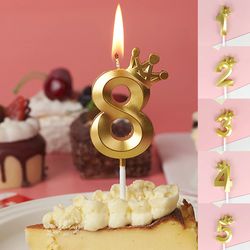 gold crown digital candle number birthday cake topper, candle kids birthday party wedding cake candle cake decor 0-9