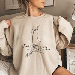 custom mother with three child hand sweatshirt, holding hands sweatshirt, custom new mom sweatshirt, mom and child hands