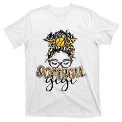 Softball Gigi Life Leopard Messy Bun Game Day Mothers Day T-Shirt
