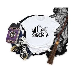 black cat society shirt, halloween shirt, halloween party shirt, witch shirt, black cat halloween costume, halloween gif