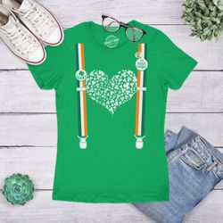 clover heart suspenders, shamrock shirt women, shenanigans shirt, lucky green irish shirt, ireland  women, clover shirt,