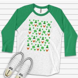 st patricks day raglan, cute st patricks day leprechaun hat and beard, clover design on premium raglan 34 sleeve shirt,