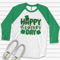 st patricks day raglan, happy st patricks day with leprechaun hat design on premium raglan 34 sleeve shirt, plus size, 2