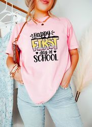 first day of school with the school pen, happy student with crayons shirt, cute teacher shirt, gift for best teacher, sc