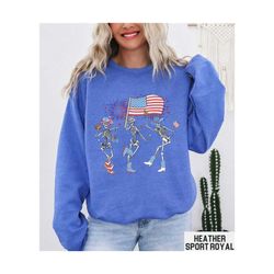 4th Of July Sweatshirt, Funny Dancing Skeletons, Western Skeleton Shirt, Trendy Retro Graphic Crewneck, Cute Patriotic F