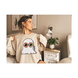 flower ghost halloween sweatshirt, cute floral ghost shirt, spooky halloween mom shirt, cute pumpkin halloween graphic,