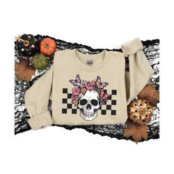 floral skull boho graphic sweatshirt,bloom skull tee,flower skull tshirt,skeleton blooms,flower skull skeleton shirt,wom