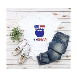 Merica Sunglasses Beard Shirt, Mens 4th of July T Shirt,Fourth of July Gift for Him,Funny America Shirt,Independence Day