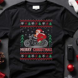 knit merry christmas motorcyclist santa shirt, knitted christmas gift for her, santa claus tee, xmas family party shirt