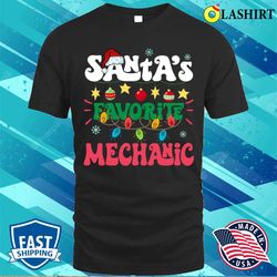 santas favorite mechanic santa hat xmas lights christmas t-shirt - olashirt