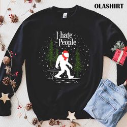 funny bigfoot christmas santa hat funny sasquatch i hate people t-shirt - olashirt