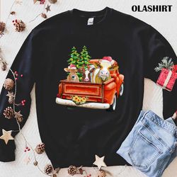 cow riding red truck merry christmas farm loves cow t-shirt - olashirt