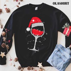 new wine glasses santa hat christmas funny wine lover xmas t-shirt - olashirt