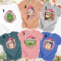 disney toy story christmas shirt, woody jessie buzz characters christmas tee, pink toy story group christmas matching sh