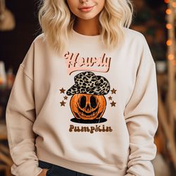 howdy pumpkin western halloween shirt, spooky halloween shirt, pumpkin shirt, cute pumpkin halloween, leopart hat tee, c