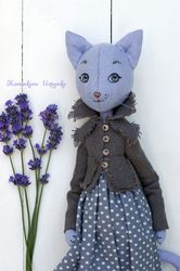 lavender doll cat, handmade art animal doll, catlovers gift