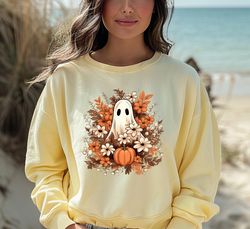comfort colors halloween ghost sweatshirt, floral ghost sweatshirt, funny halloween sweater, flower halloween sweatshirt