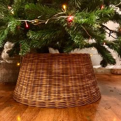 festive weave christmas tree skirt. wicker christmas tree basket without bottom. christmas tree skirt with tapered top