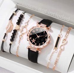 6pcs/set fashion rhinestone women watches heart leaf bracelets