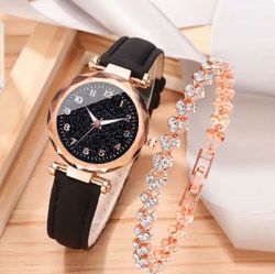 2pcs luxury fashion women watch set colourful pu leather strap