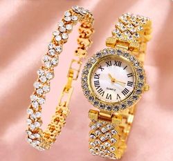 luxury women shiny bracelet watches 2pcs set rose gold watch