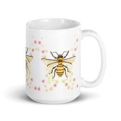 bee mug, flower, honey queen bee, nature lover, boho floral cottagecore normcore tea coffee cup, flo