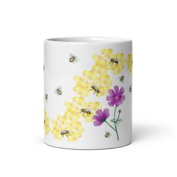 bees, honeycomb and flower mug, bee, positivity, honey, nature lover, cottagecore, tea, coffee, cup,