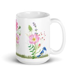 blue bird mug wildflower blue bird lover gift wildflowers mug bird watcher birder gift cottagecore t