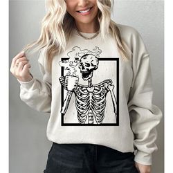 funny coffee skeleton sweatshirt, skeleton sweatshirt, halloween skeleton shirt, skeleton halloween costume, coffee swea