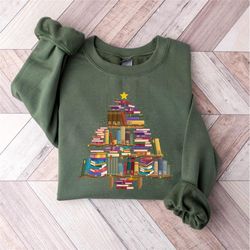 cute christmas book tree sweatshirt, christmas book lover gift, womens christmas sweatshirt, merry christmas, holiday sh