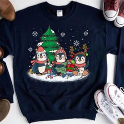 christmas penguin wearing reindeer santa hat christmas tree, funny christmas shirt, holiday shirt