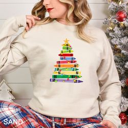 teacher sweatshirt, crayon christmas tree sweatshirt, teacher shirts, teacher crayon tree shirt, christmas teacher, chri