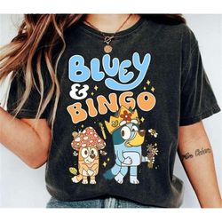 bluey and bingo mushroom retro shirt, bluey birthday matching shirt, bandit bluey family trip shirt, bluey mushroom worl