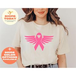 pink ribbon with angel wings shirt, awareness shirt, social cancer support shirt, breast cancer shirt, pink ribbon shirt