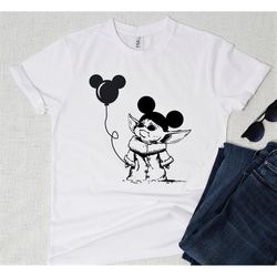 baby yoda with a mickey mouse balloon disney  t-shirt