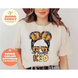 messy bun leopard pumpkin thanksgiving day one thankful mama t-shirt 1