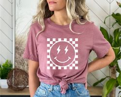 smile shirt, checkered retro happy, lightning bolt,comfort colors shirt, preppy aesthetic trendy graphic tees preppy clo