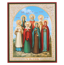 holy myrrh-bearing women | gold and silver foiled icon on wood  size: 5 1/4 x 4 1/2 inches