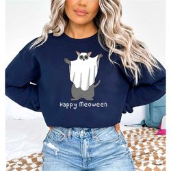 happy meowen halloween sweatshirt, halloween chat hooded sweatshirt, halloween sweatshirt, fall hooded sweatshirt, hallo