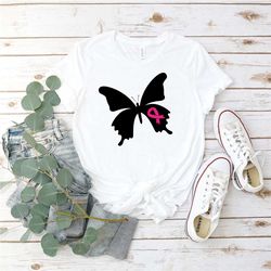 butterfly ribbon sweatshirt, pink butterfly ribbon tshirt, breast cancer awareness tshirt for women, breast cancer shirt